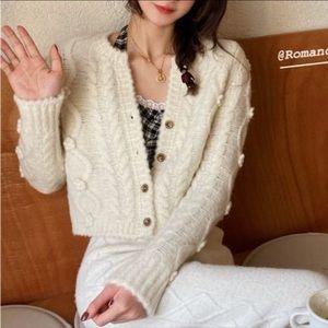 Japanese Kawaii Cottage Cream Beige Floral Knit Thick Cardigan Sweater Jacket